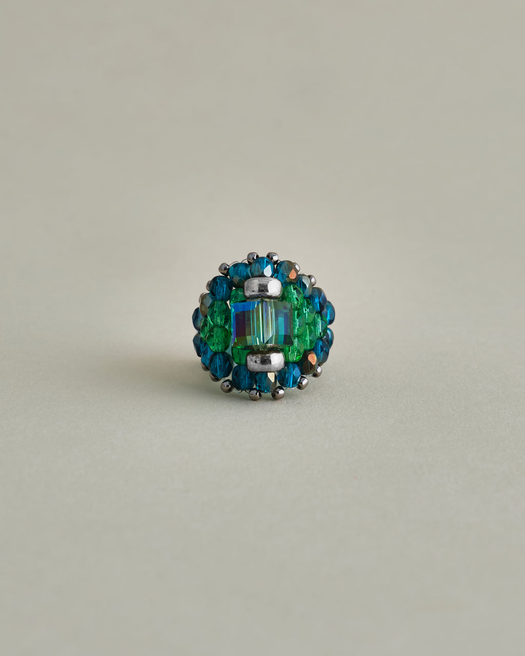 CRYSTAL BEADS RING with SILVER 925 GREEN × BLUE #11
