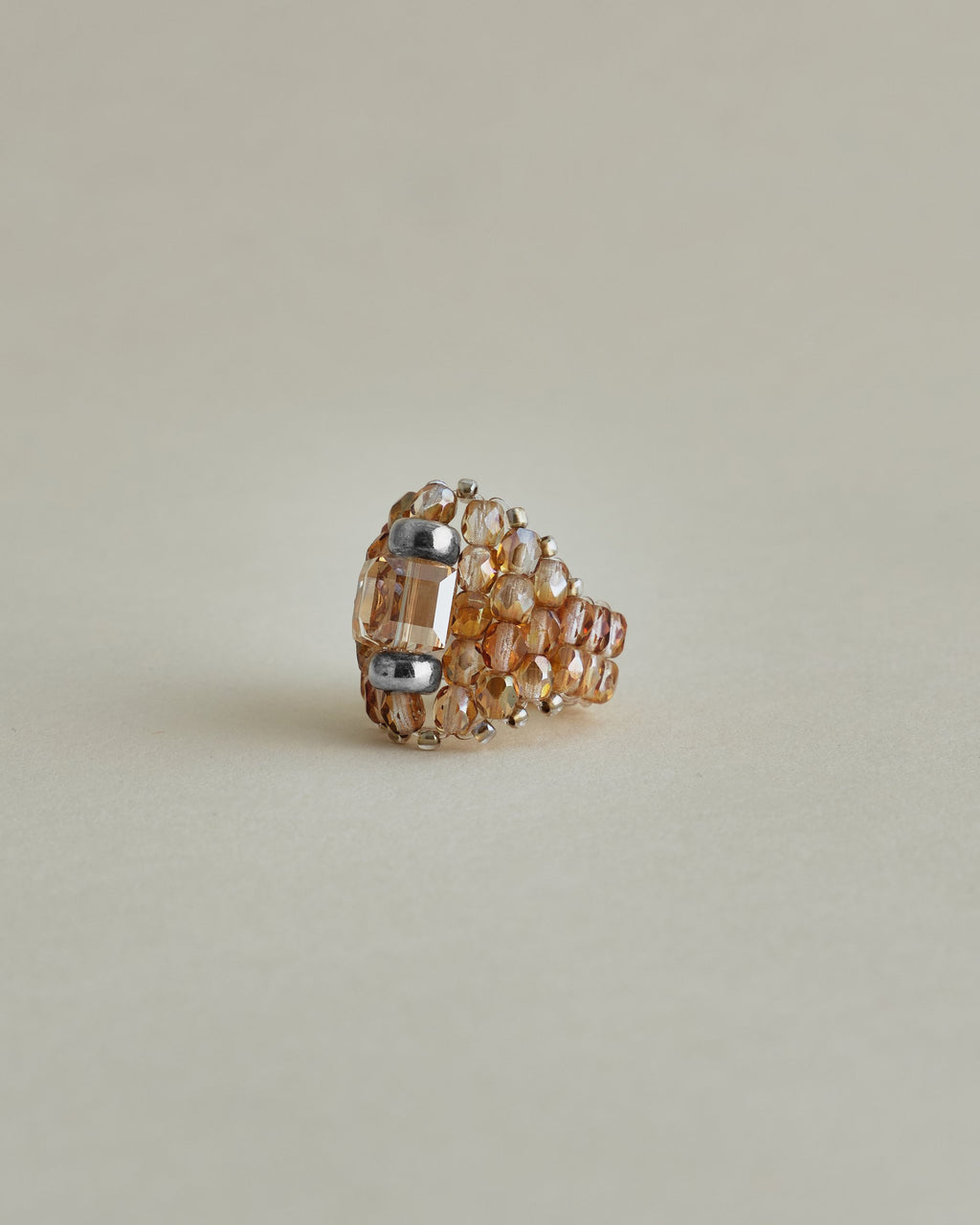 CRYSTAL BEADS RING with SILVER 925 BEIGE × BEIGE #12