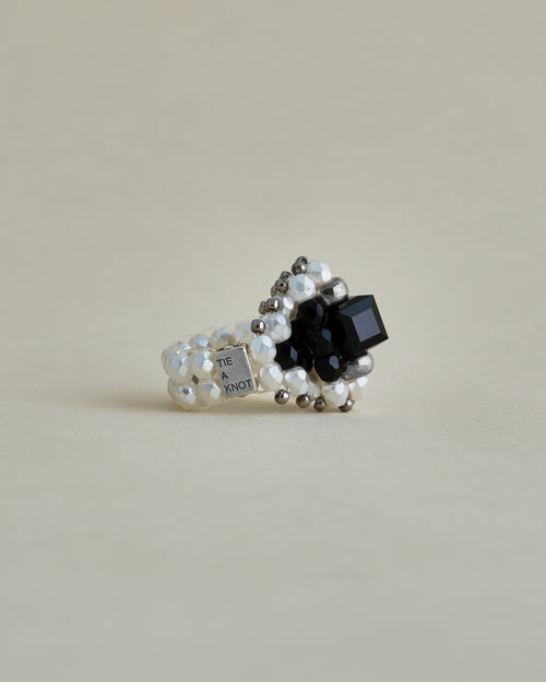 CRYSTAL BEADS RING with SILVER 925 BLACK × PEARL #10