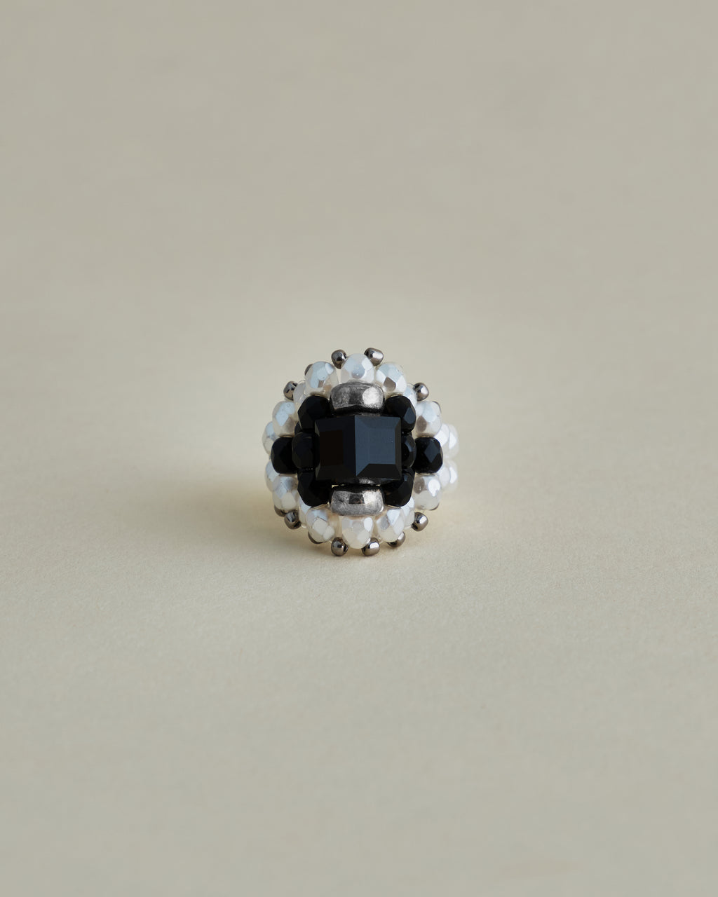 CRYSTAL BEADS RING with SILVER 925 BLACK × PEARL #10