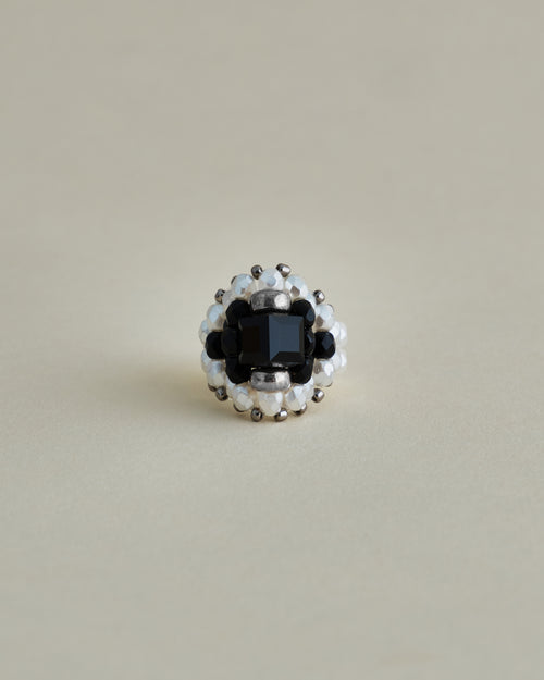 CRYSTAL BEADS RING with SILVER 925 BLACK × PEARL #10