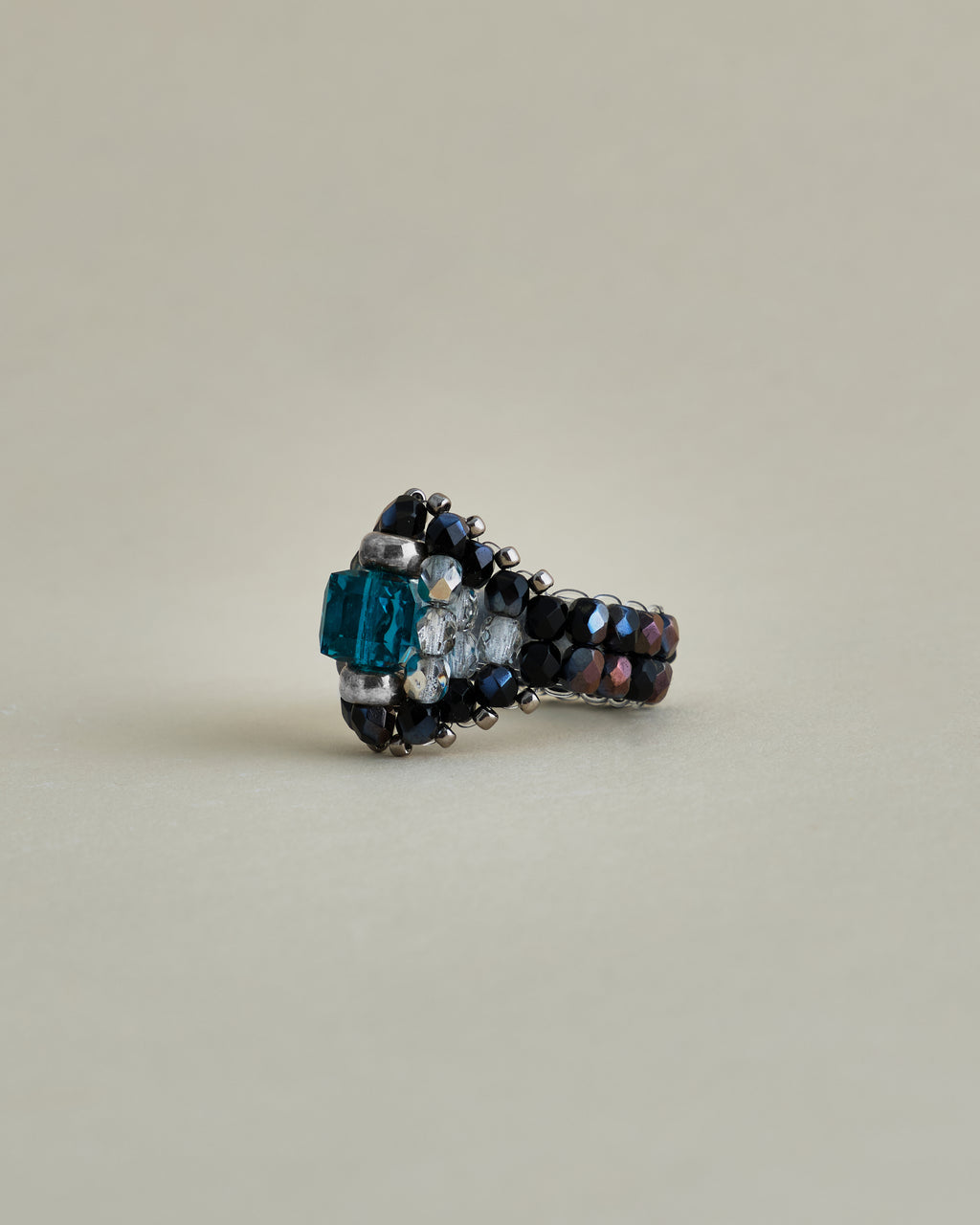 CRYSTAL BEADS RING with SILVER 925 BLUE ZIRCON × LAMP BLACK #1