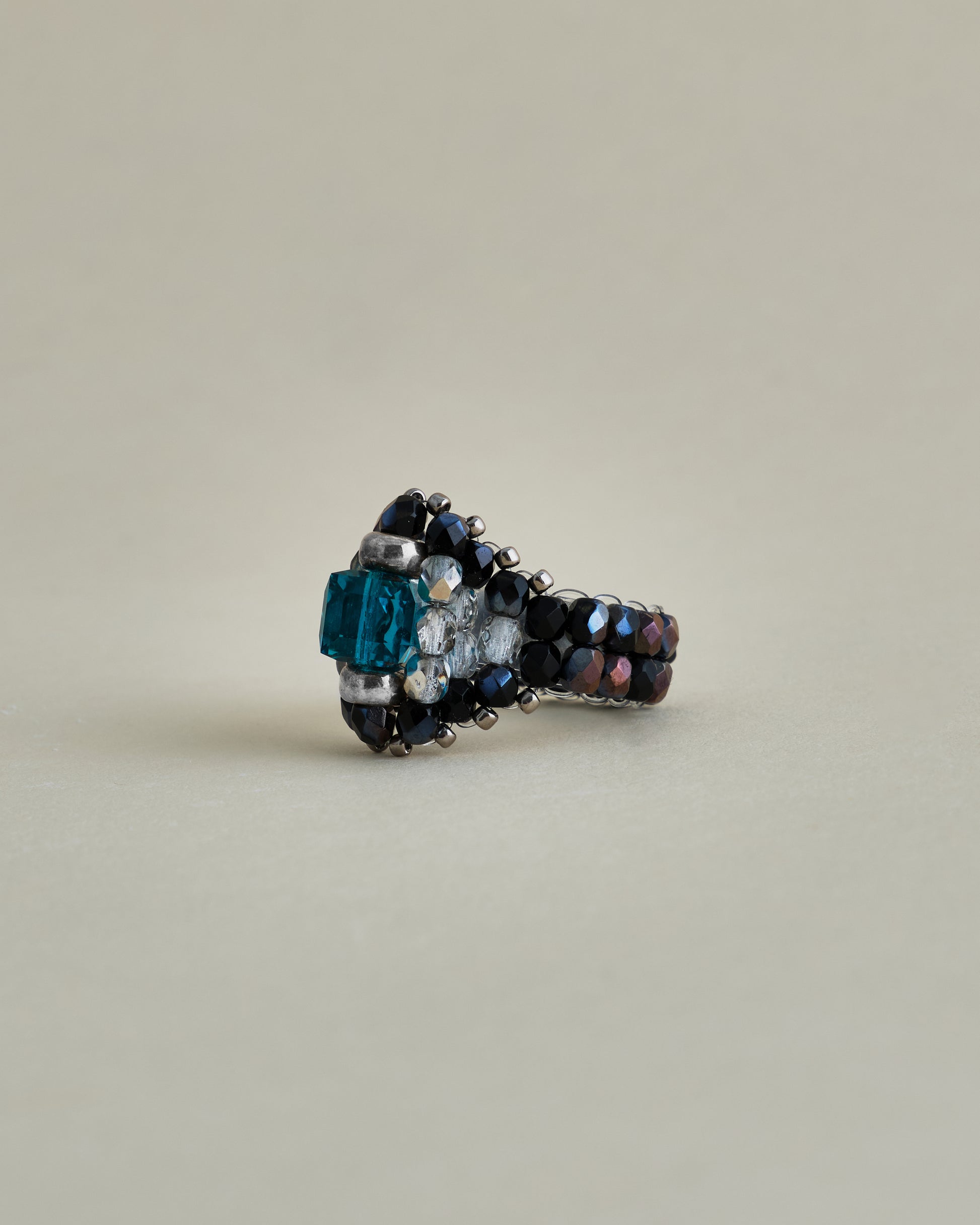 CRYSTAL BEADS RING with SILVER 925 BLUE ZIRCON × LAMP BLACK #1