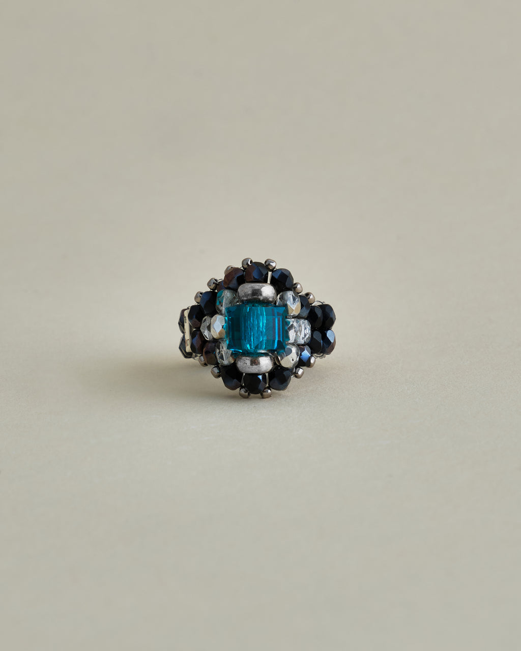 CRYSTAL BEADS RING with SILVER 925 BLUE ZIRCON × LAMP BLACK #1