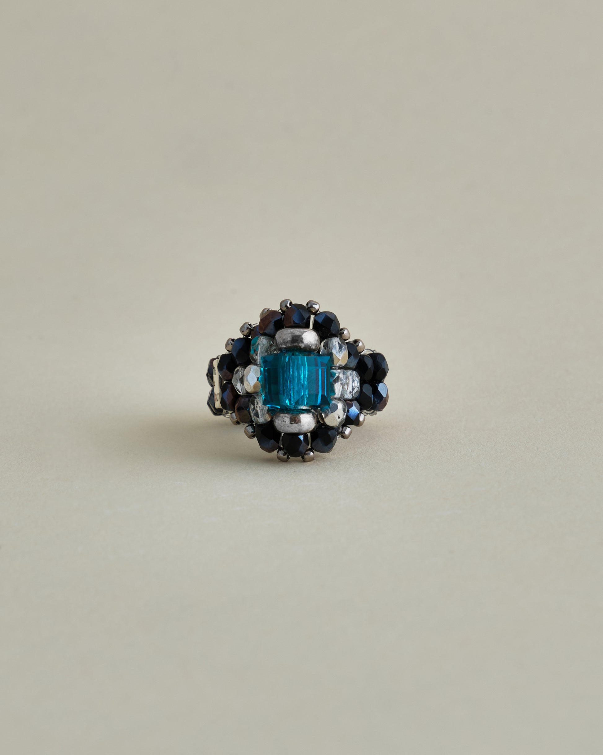 CRYSTAL BEADS RING with SILVER 925 BLUE ZIRCON × LAMP BLACK #1