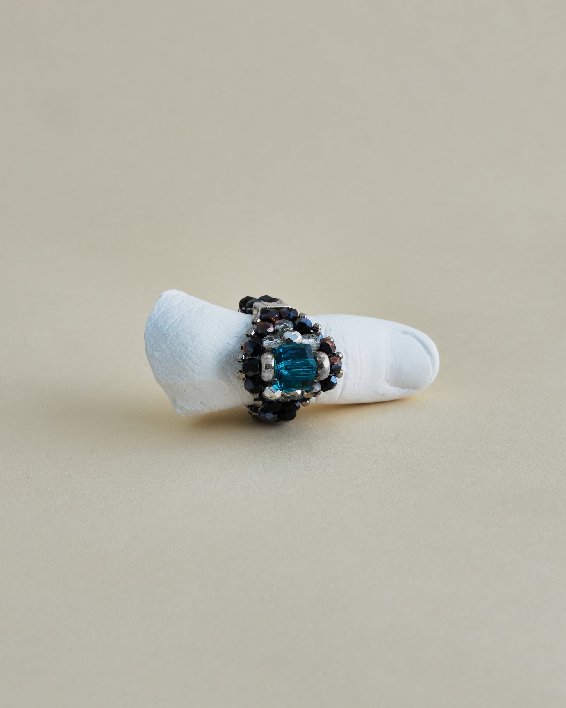 CRYSTAL BEADS RING with SILVER 925 BLUE ZIRCON × LAMP BLACK #1