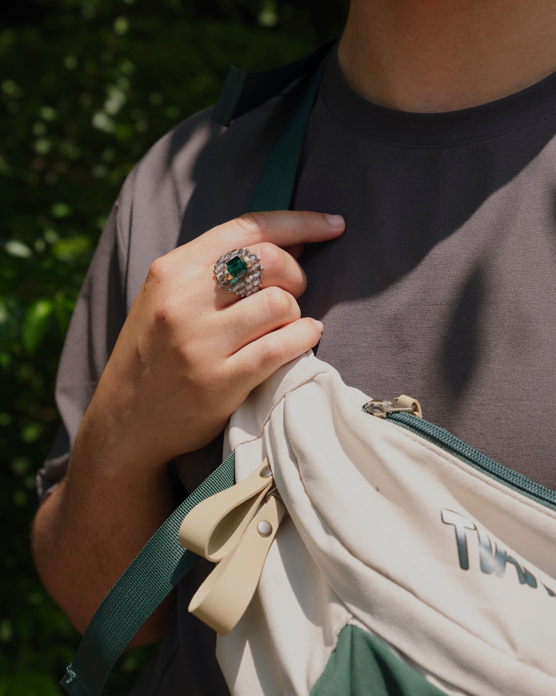 CRYSTAL BEADS RING with SILVER 925 EMERALD × GRAY #3